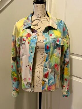 Trisha Tyler Faux Suede Jacket Art Print Snap Front Swing Sz S
